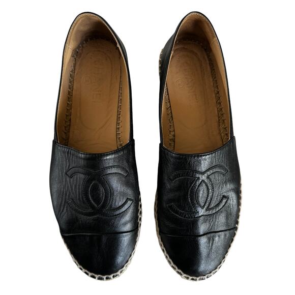 Chanel Black Leather Interlocking CC Logo Espadrilles Flats Size EU 39 - Picture 1 of 14
